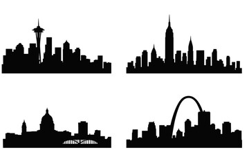 Naklejka premium Collection of four major American city skyline silhouettes in black and white