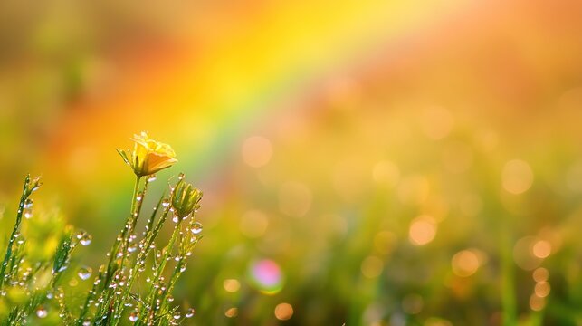 A vibrant flower with water droplets stands in a field of green grass, illuminated by a radiant rainbow and golden sunlight.