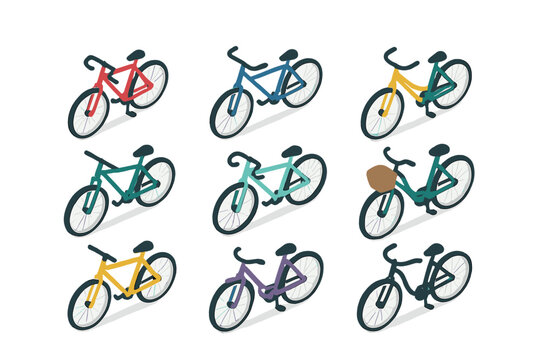 Colorful isometric bicycles with diverse frame styles and accessories