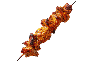 Anticuchos grilled beef meat skewer isolated on white transparent background, concept of South American barbecue cuisine.