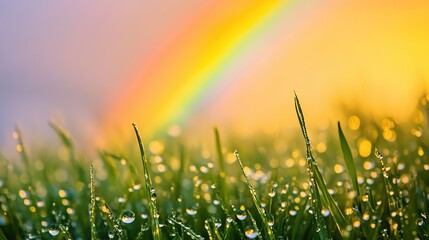 A vibrant rainbow arcs across a misty field of dew-covered grass at sunrise, creating a magical and serene landscape.