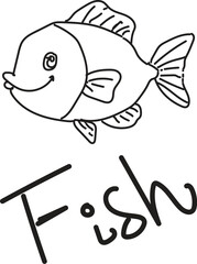 Obraz premium Cartoon-style smiling fish with playful handwritten text in black-and-white line illustration