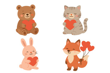 Fototapeta premium Adorable cartoon animals presenting red hearts and balloons