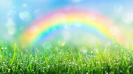 Obraz premium A vibrant rainbow arcs over a lush green field filled with dew-covered grass, creating a magical and serene landscape.