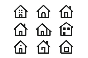 Nine simple black outline icons depicting houses with diverse roof and window styles