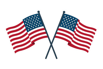 Two Waving American Flags Crossed on Poles Isolated on White Background