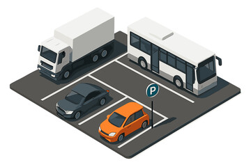 Isometric parking lot with truck, bus, and several automobiles