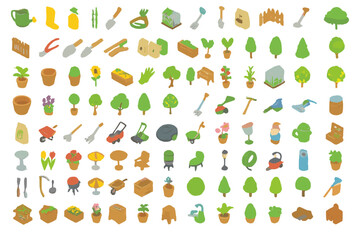 Isometric icons set of gardening tools plants and landscape equipment