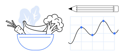 Bowl of vegetables and fruits including carrots, bananas, broccoli, pencil, and line graph. Ideal for nutrition, wellness, meal planning, data tracking healthy living progress tracking simple flat