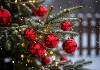 Red christmas tree ornaments on snow-covered pine branches