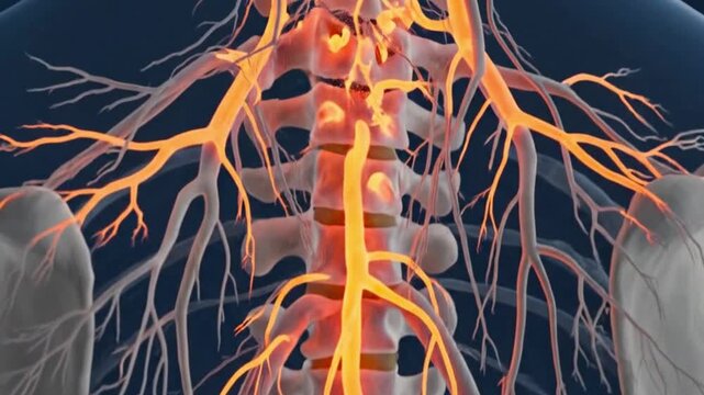 Anatomical view showing the human pelvis with arteries veins and spine on a blue background