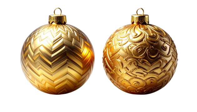 Dual variation ornate gold bauble bundle with chevron pattern in widescreen layout isolated on transparent background
