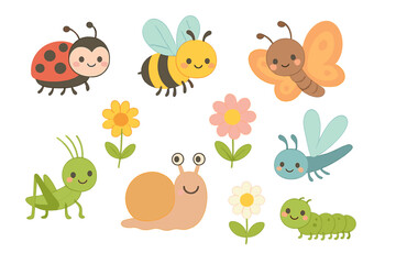 Naklejka premium Charming set of smiling cartoon garden insects and vibrant flowers