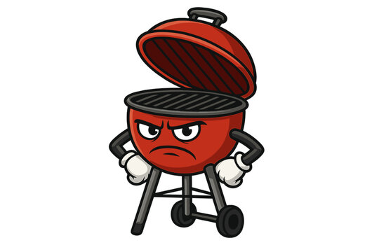 Angry red kettle barbecue grill mascot character with arms akimbo