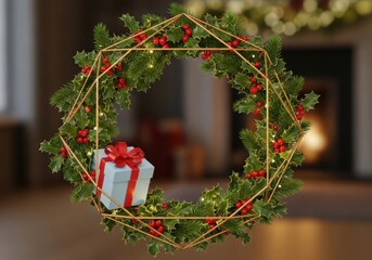 Modern christmas wreath with gift box, holly, pine, berries