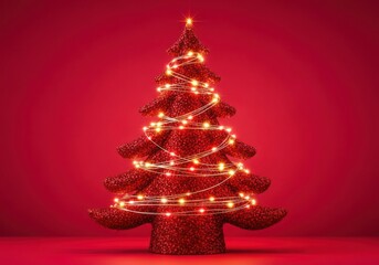 Red glitter christmas tree glowing with warm fairy lights