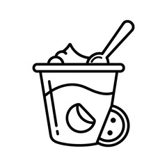 Simple outline icon of a coconut yogurt cup with spoon and fruit slice