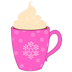 a pink snow flakes cup of hot chocolate with whipped cream in winter