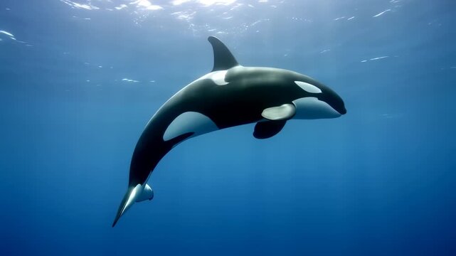 A sleek, black and white orca swims gracefully in deep, azure ocean water. Sunlight filters down