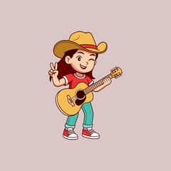 Woman playing guitar with cowboy hat. Illustration of a woman playing guitar