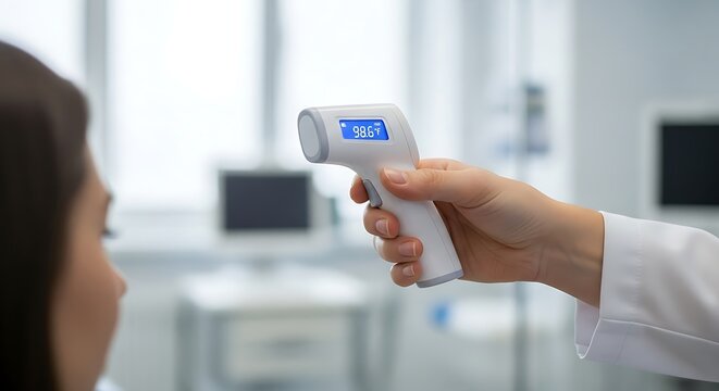 Doctor using infrared thermometer to check patients temperature.