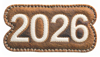 A textured, brown leather label features the year 2026, intricately stitched and detailed. It's a striking design that could represent a future milestone.