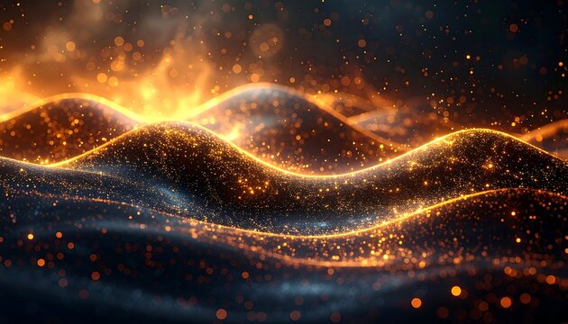 Abstract, glowing, wavy, gold particles floating in dark space