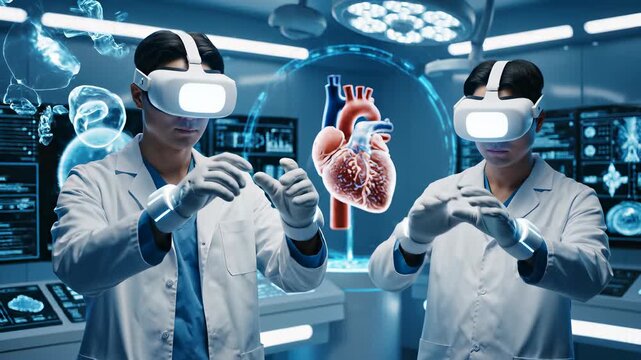 Doctors immersed in virtual reality experiences, navigating innovative medical landscapes, highlighting cutting edge technology advancements and their practical applications by medical. - Powered by Adobe