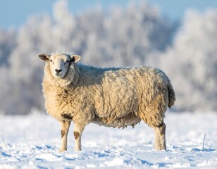 Naklejka premium Sheep in Winter Wonderland - A Portrait of Resilience and Serenity.