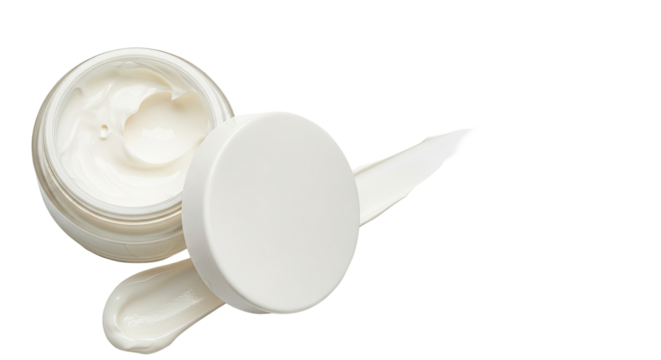 Cream jar open with rich texture smear elegantly on white