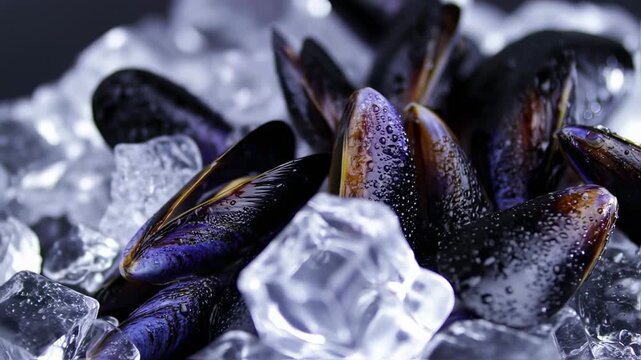 Close-up of chilled mussels on ice, showcasing textures and vibrant colors.  Water droplets accent surfaces