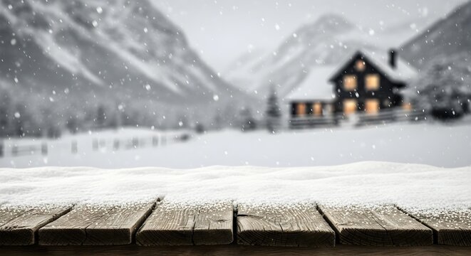 Snowy mountain cabin scene with a blurred wooden table in the foreground, featuring falling snow and warm light emanating from the house window - Powered by Adobe