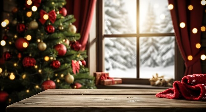 Cozy winter scene with a decorated christmas tree, warm lights, and a rustic wooden table foreground overlooking a snowy landscape through a window