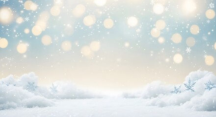 Fototapeta premium Magical winter background with soft bokeh lights, falling snow, and fluffy clouds creating a dreamy, festive holiday atmosphere for copy space