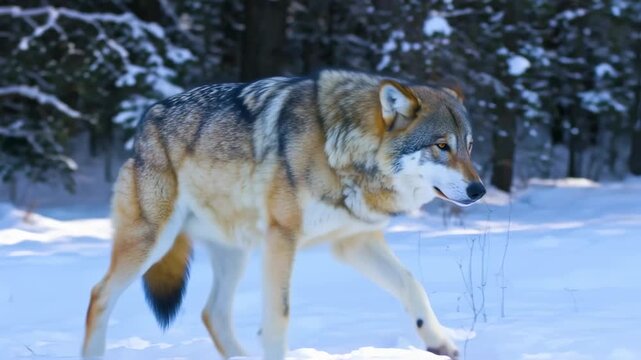 A majestic wolf in winter, facing right, with patterned fur, in snowy woods, surrounded by trees
