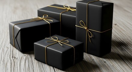 Four elegant black gift boxes wrapped with thin gold string tied in a bow resting on a rustic light wood surface with soft lighting
