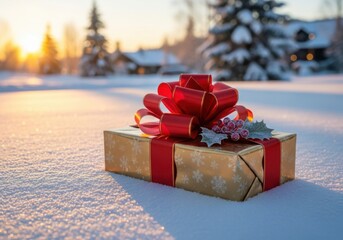 Holiday gift box in snowy landscape with warm sunset glow
