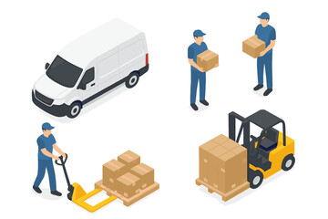 Isometric logistics and delivery service elements with workers and cargo