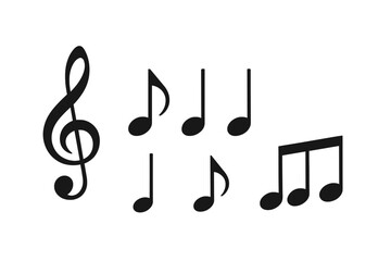 Collection of black musical symbols including treble clef and various notes