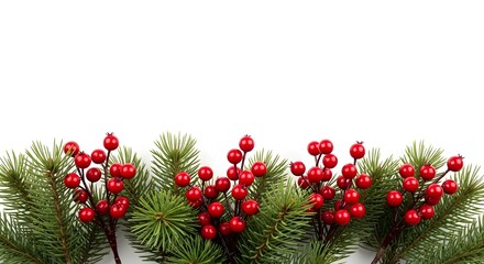 Closeup of vibrant red winter berry clusters nestled among realistic green pine needle branch tips, isolated on a clean white background for design use
