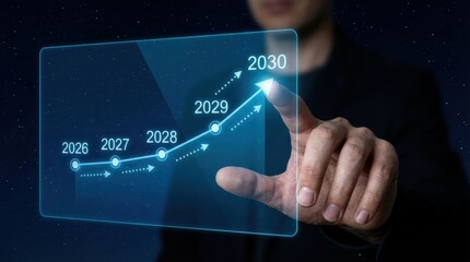 Hand pressing 2026 button on glowing holographic interface with multi-year timeline projection