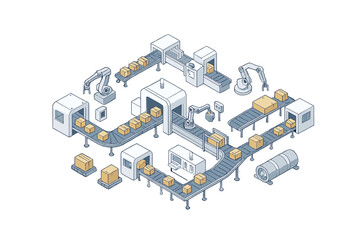 Isometric automated factory production line with robotic arms and conveyor belts
