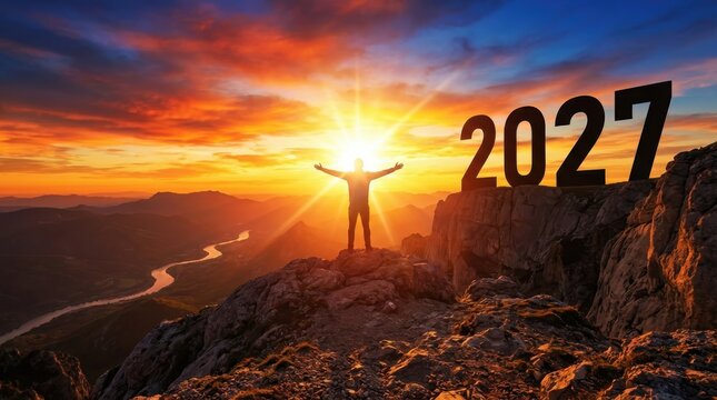 Silhouette of person celebrating success on mountain peak at sunrise with large 2027 text
