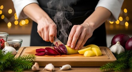 Chefs hands carefully slicing vibrant red beet root on a wooden cutting board with steam rising, surrounded by garlic and onion, preparing a healthy meal