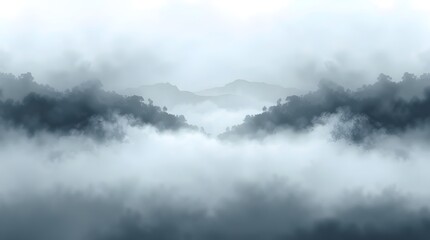 Fototapeta premium Black and white photo of foggy landscape with distant mountains and soft gray clouds 