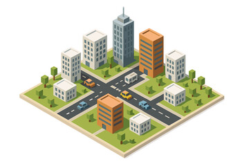 Isometric city block with buildings roads and vehicles