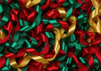 Red, green, and gold curly ribbons create festive background.
