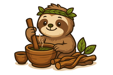 Obraz premium Adorable sloth preparing natural herbal remedy using mortar and pestle