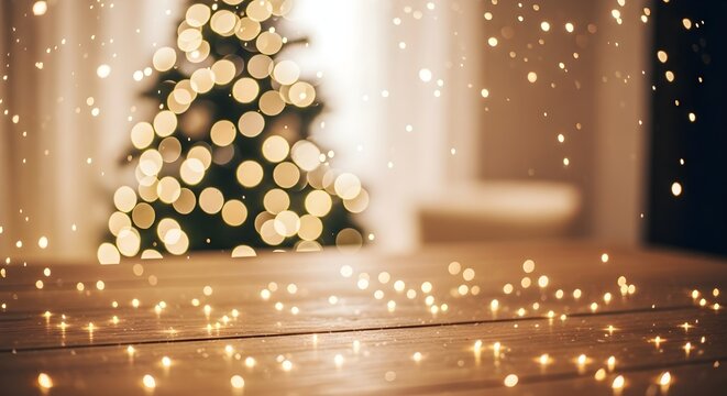 Warm bokeh lights of a blurred christmas tree in the background with sparkling fairy lights scattered across a wooden surface in the foreground, creating a festive holiday atmosphere
