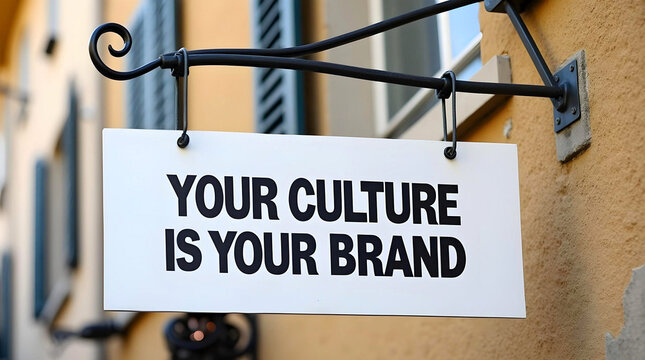 A sign on a building reading "Your Culture Is Your Brand," highlighting the culture diversity concept and corporate identity. - Powered by Adobe